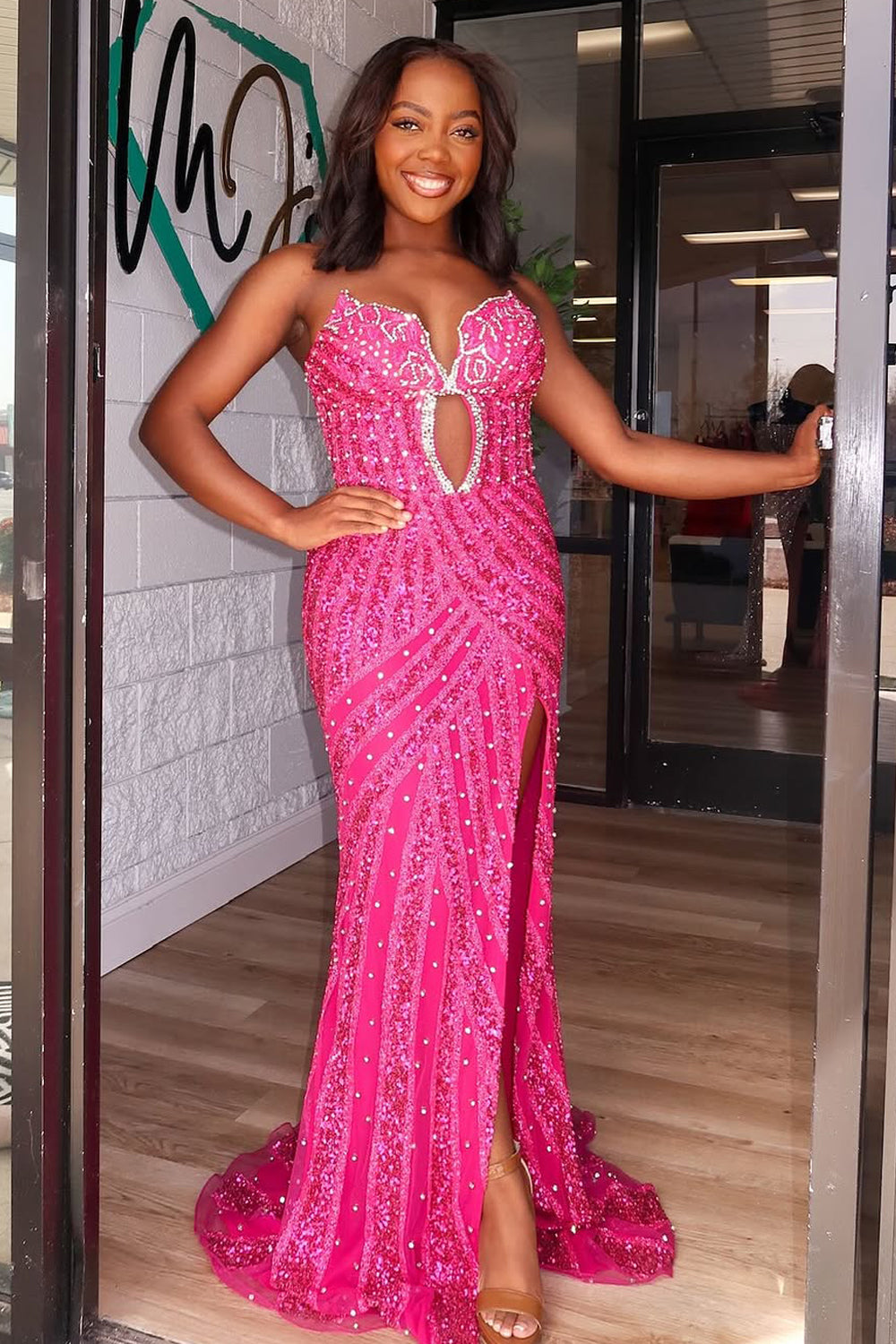 Mermaid Strapless Fuchsia Keyhole Sequins Long Prom Dresses with Slit VK25032310