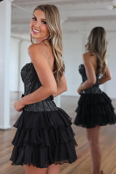 A Line Strapless Black Hot Fix Satin Homecoming Dress VK26063009