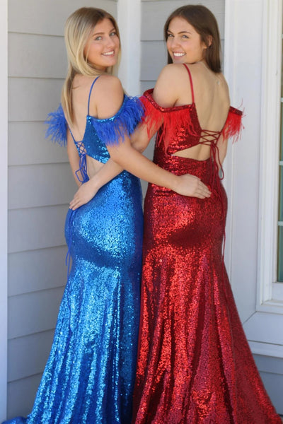 Red Sequins Cold Shoulder Feathers Long Prom Dress with Slit VK23121801