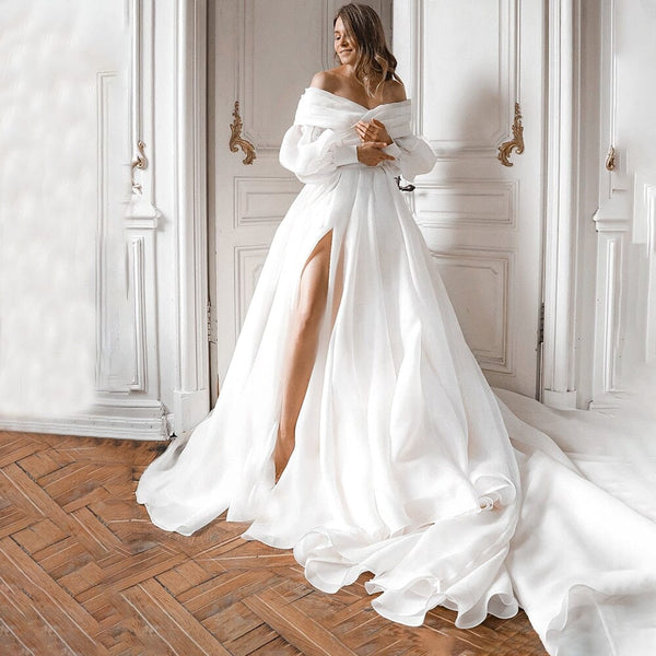 A-Line Off the Shoulder White Wedding Dress with Slit VK25100202