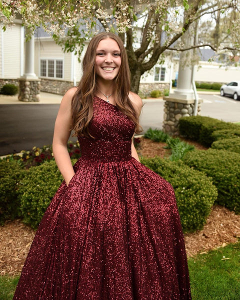 Sparkly Ball Gown One Shoulder Burgundy Sequins Long Prom Dresses VK23050905