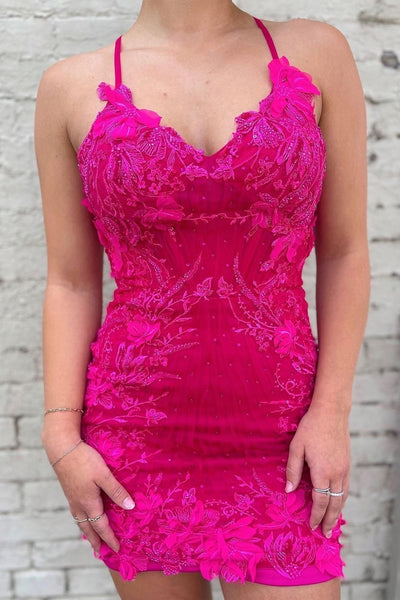 Hot Pink V Neck Bodycon Homecoming Dresses VK23062904