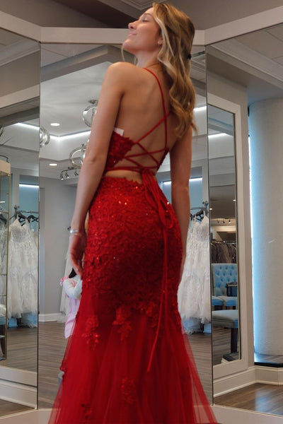 Mermaid Scoop Neck Red Tulle Appliques Long Prom Dresses VK24012901