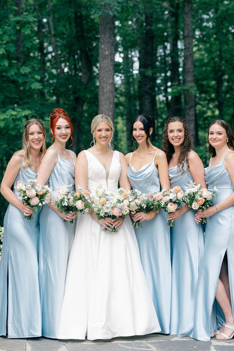 Elegant Mermaid Light Blue Satin Long Bridesmaid Dresses with Slit VK24052903