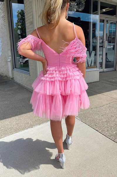 Cute Pink A Line Feather Tulle Homecoming Dresses VK23061601