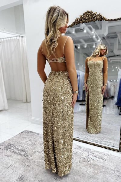 Luxurious Mermaid Spaghetti Straps Sequins Beads Long Prom Dresses with Slit VK26020904