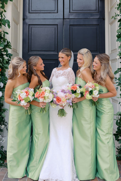 Sheath Strapless Sage Green Satin Long Bridesmaid Dresses VK26081307