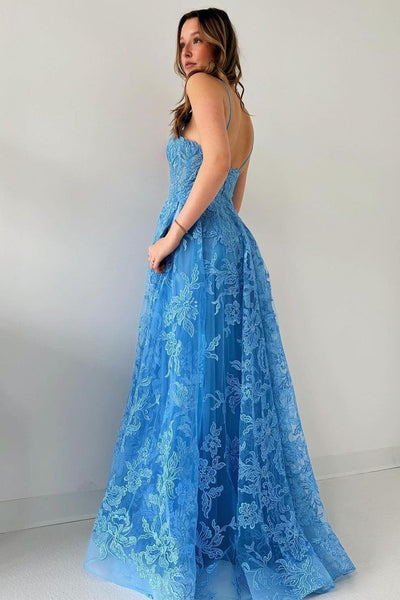 Blue Spaghetti Straps Tulle Appliques Long Prom Dresses VK24032404