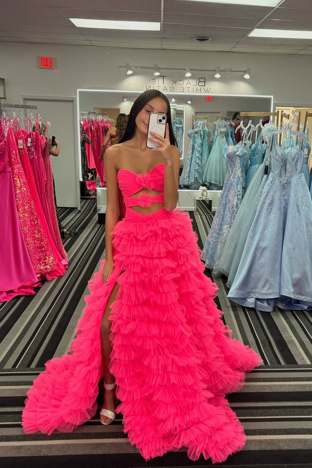 A-Line SStrapless Fuchsia Ruffle Tiered Long Prom Dresses with Slit VK022303
