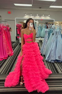 A-Line SStrapless Fuchsia Ruffle Tiered Long Prom Dresses with Slit VK022303