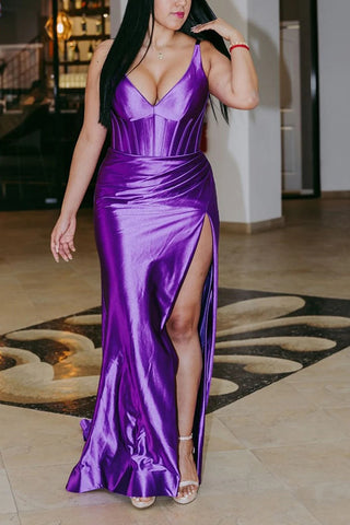 Dark Purple Corset Mermaid Long Satin Prom Dress with Slit VK24010203