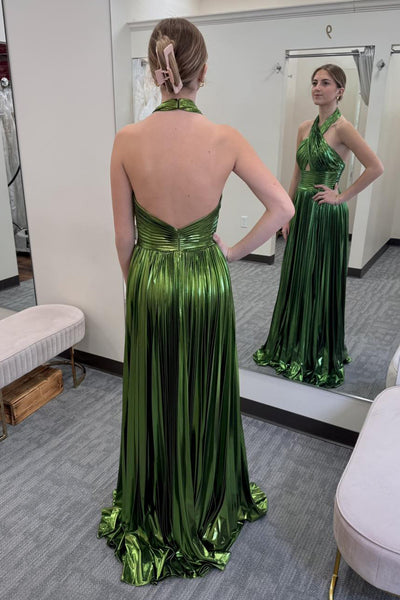 A-Line Halter keyhole Green Silk Satin Pleats Long Prom Dresses with Slit VK26010909