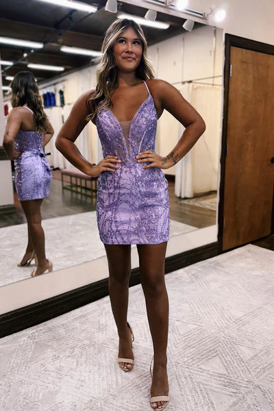Navy Blue Sequin Lace V Neck Short Tight Homecoming Dress VK23090305