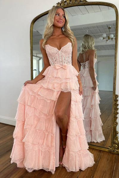 Princess A-Line Strapless Pink Ruffle Tiered Corset Long Prom Dresses with Slit VK25102801