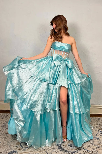 Cute A Line Strapless Mint Organza Long Prom Dress with Bow VK25012605