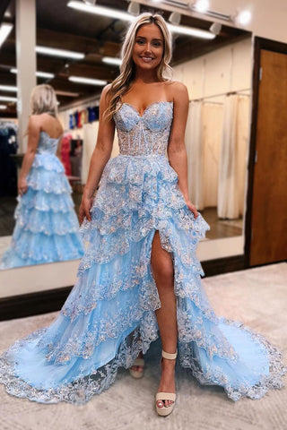 Light Blue Strapless Ruffle Tiered Long Prom Dress with Slit VK24031705