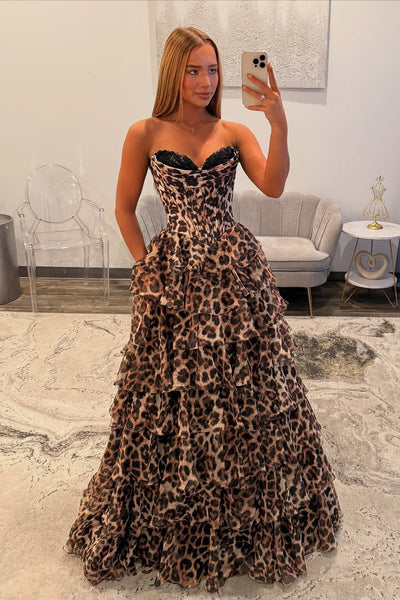 Gorgeous Sweetheart Ball Gown Leopard Print Tiered Prom Dress with Appliques VK25112503