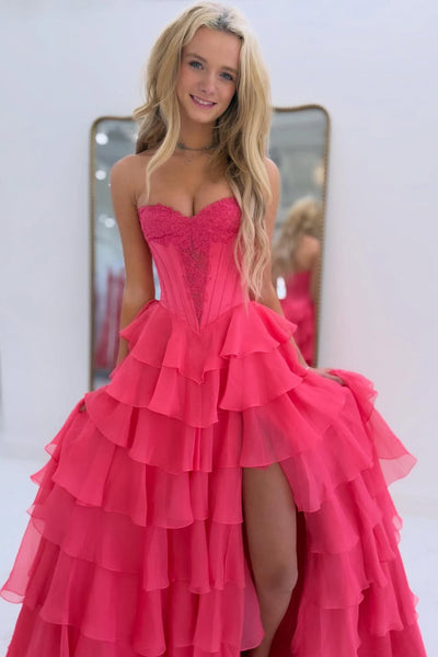 Glamorous A Line Sweetheart Navy Tiered Chiffon Prom Dress with Slit VK162406