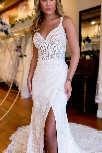 White V-Neck Sheath Long Lace Wedding Dress with Slit VK23101706