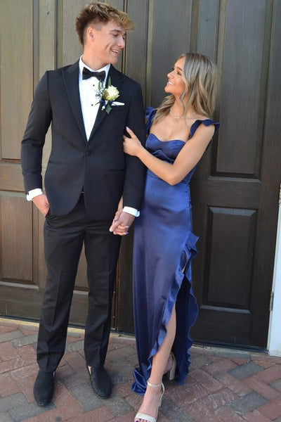Sheath Sweetheart Navy Blue Satin Ruffles Long Prom Dresses with Side Slit VK26011802