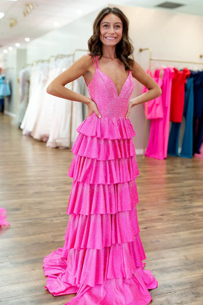 Cute Sparkly A Line V Neck Pink Tiered Long Prom Dress with Hot Stone VK25052503