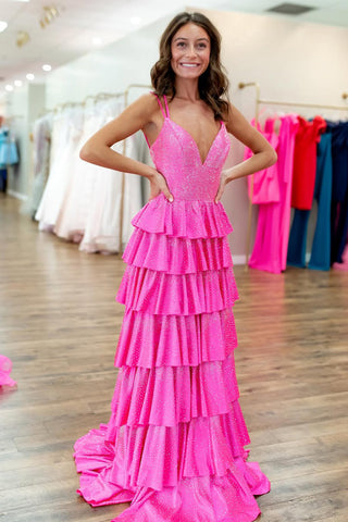 Cute Sparkly A Line V Neck Pink Tiered Long Prom Dress with Hot Stone VK25052503