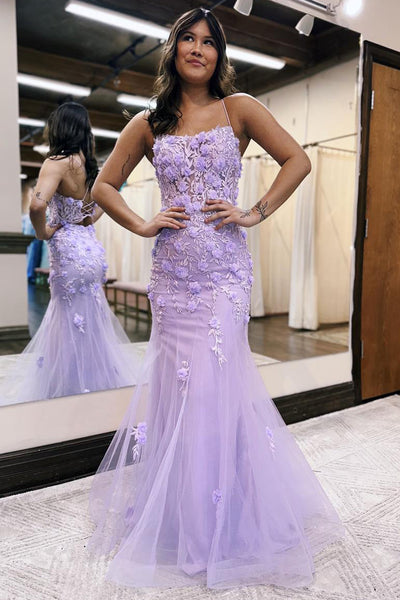 Lilac Mermaid Scoop Neck Long Prom Dress with Appliques VK23100401