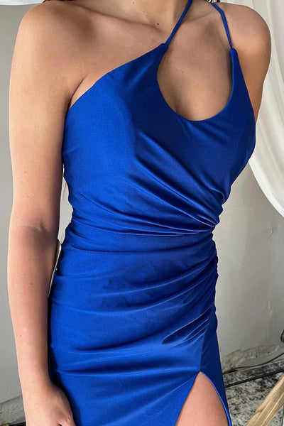 Simple Sheath One Shoulder Royal Blue Elastic Satin Long Prom Dresses VK23091001