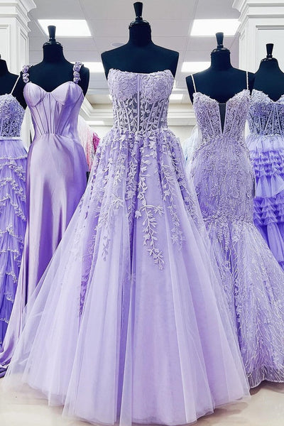 Elegant A-Line Strapless Aqua Blue Tulle Appliques Long Prom Dress VK23122109