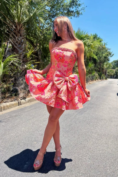 A Line Stapless Coral Red Jacquard Satin Homecoming Dress with Bow VK26062108