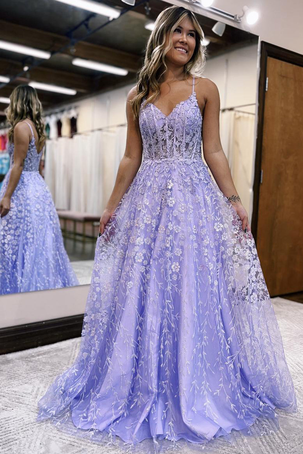 Cute A Line Sweetheart Lavender Sparkly Lace Tulle Prom Dresses
