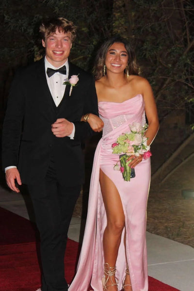 Cute Mermaid Strapless Pink Satin Prom Dress with Slit VK020101