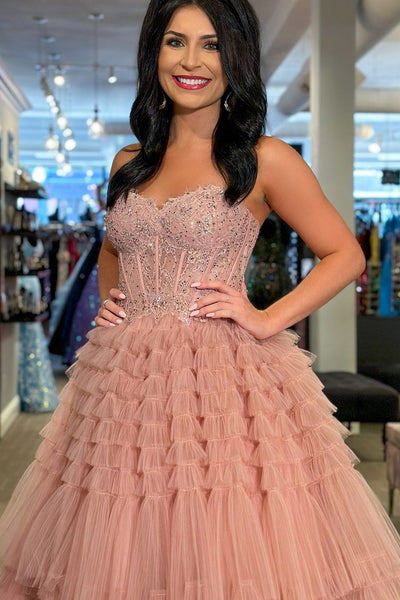 Ball Gown Sweetheart Blush Pink Tiered Tulle Long Prom Dresses VK23101502