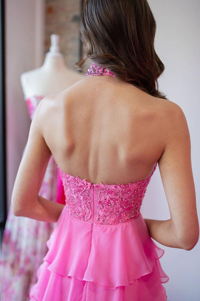 Pink Halter Tiered Chiffon Long Prom Dresses with Appliques VK24012205