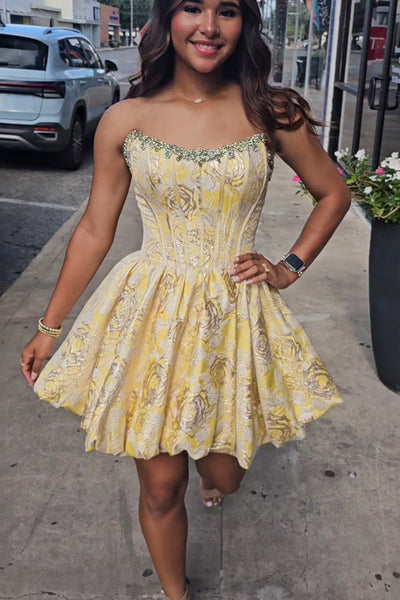 A Line Strapless Yellow Jacquard Satin Homecoming Dress with Beading VK26061512