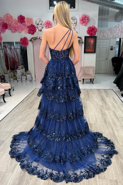Unique One Shoulder Gold Sequin Tulle Ruffle Tiered Long Prom Dress with Slit VK23122101