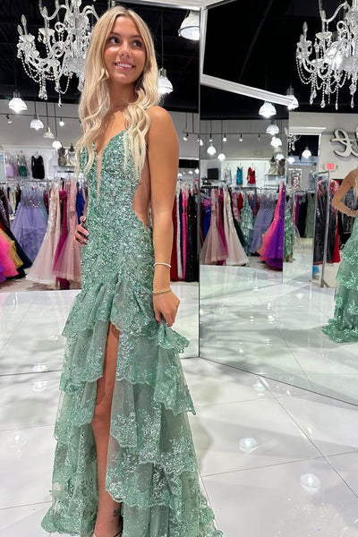 Cute V Neck Sage Green Slit Prom Dress with Sequins Appliques VK13120908