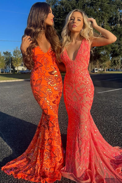 Romantic Mermaid V Neck Orange Sequin Lace Long Prom Dress VK23123004