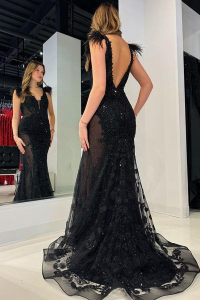 Black V Neck Sequin Lace Mermaid Long Prom Dresses VK24020504