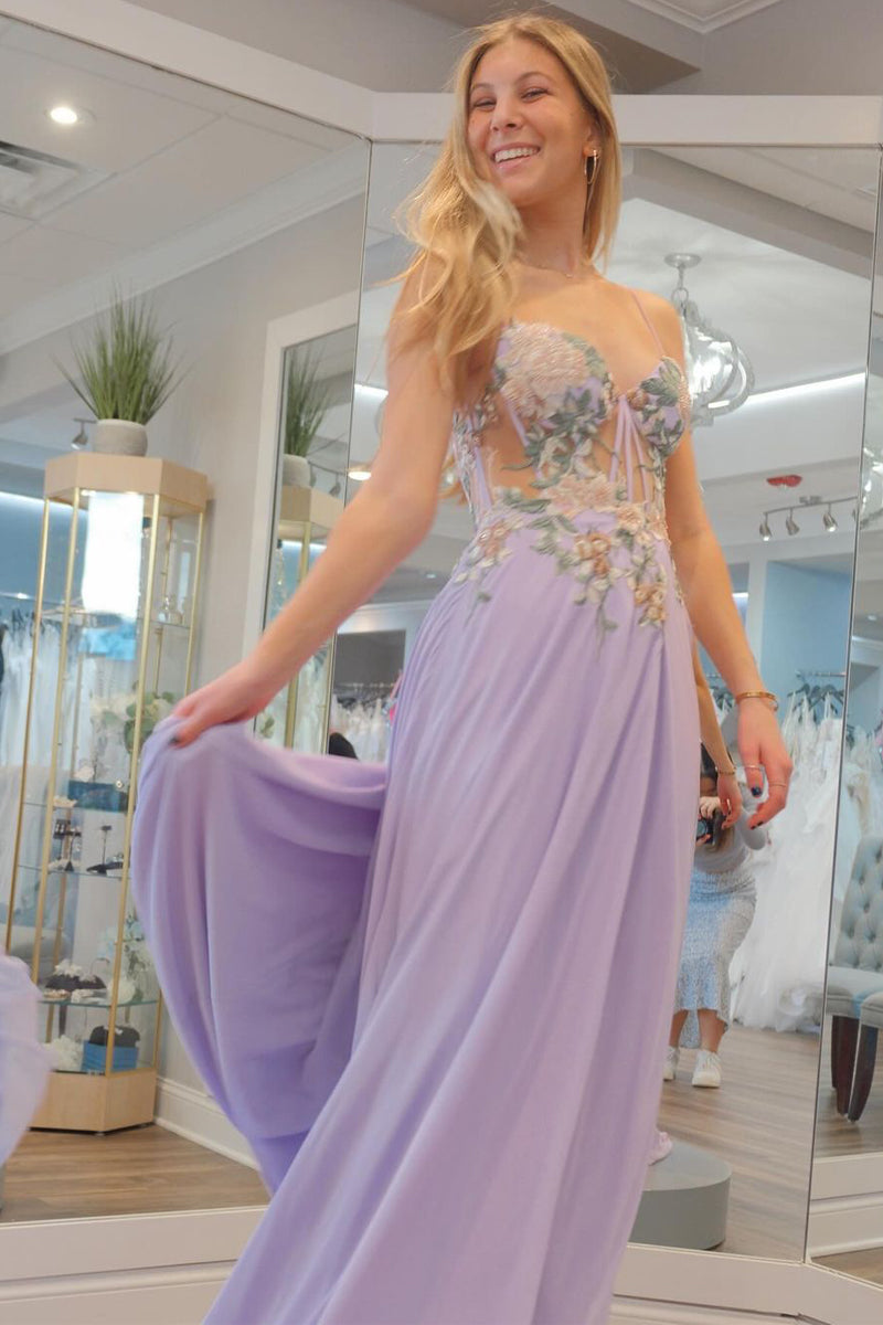 Lilac Sweetheart Chiffon Long Prom Dresses with Appliques VK24031502