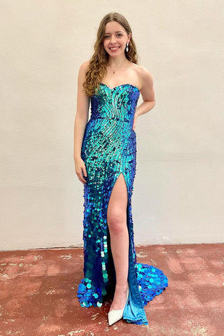 Mermaid Sweetheart Blue Sequins Long Prom Dresses with Slit VK24022803