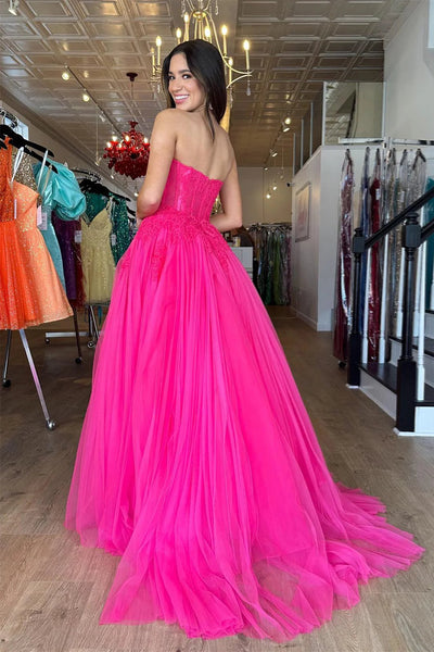 A Line Strapless Hot Pink Tulle Prom Dress with Appliques VK24122618