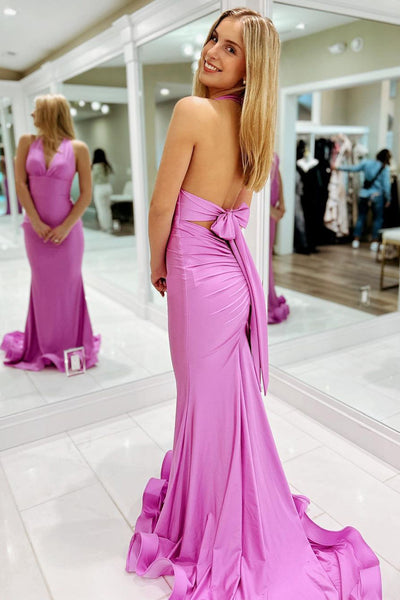Lilac Halter Satin Mermaid Long Prom Dresses with Bow VK24031501