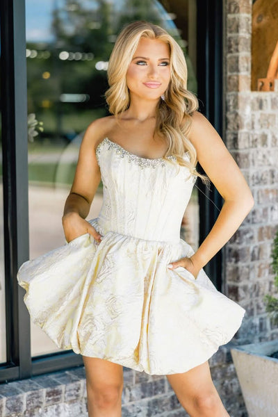 Sweet A Line Strapless Jacquard Satin Homecoming Dress with Pockets VK26062806