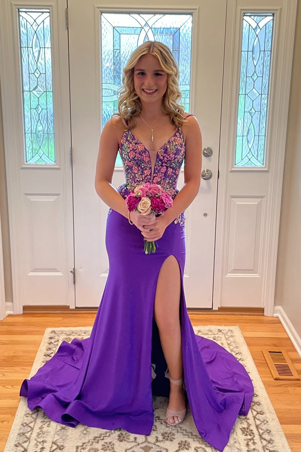 Gorgeous Mermaid V Neck Purple Satin Prom Gown with Appliques VK25060207