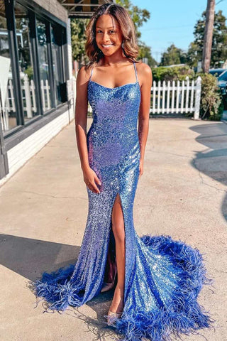 Blue Sequin Feather Lace-Up Back Mermaid Long Prom Dress with Slit VK23121204