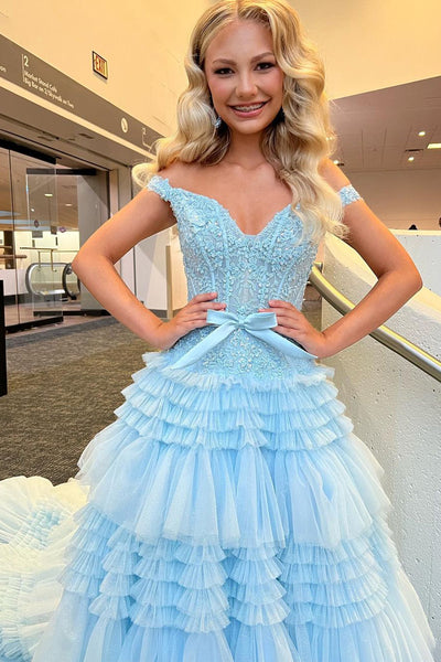 Princess A-Line Off the Shoulder Light Blue Tulle Prom Dresses Quinceanera Dresses VK230720004