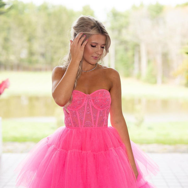 Cute Ball Gown Strapless Hot Pink Tulle High Low Prom Dresses with Lace VK23050508