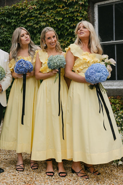 Yellow Off the Shoulder Ruffle Satin Ankle Length Bridesmaid Dresses VK24040302