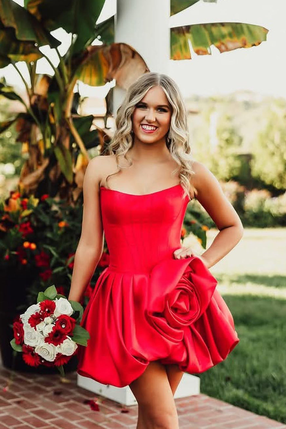 A Line Scoop Neck Red Satin Homecoming Dress VK25100707